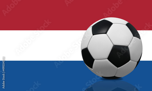 Realistic soccer ball on Netherlands flag background  3D illustration.