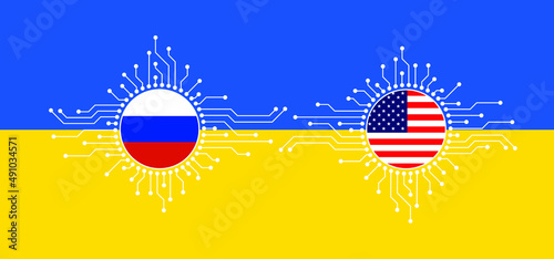 Hybrid war and warfare, DDoS attack. Cyber war, ukraine, America and Russia conflict. Hackers and cyber crime,