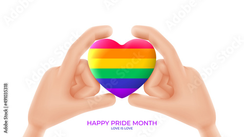 Pride month banner with 3d cartoon hands and heart. 3d cartoon hands hold rainbow heart. LGBT vector illustration. Symbol of pride month isolated on white background.