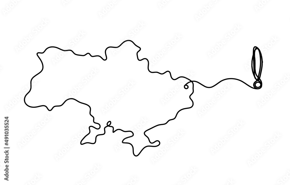 Map of Ukraine with exclamation mark as line drawing on white background. Vector