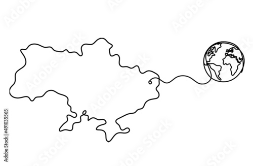 Map of Ukraine with globe as line drawing on white background. Vector
