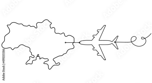 Map of Ukraine with plane as line drawing on white background