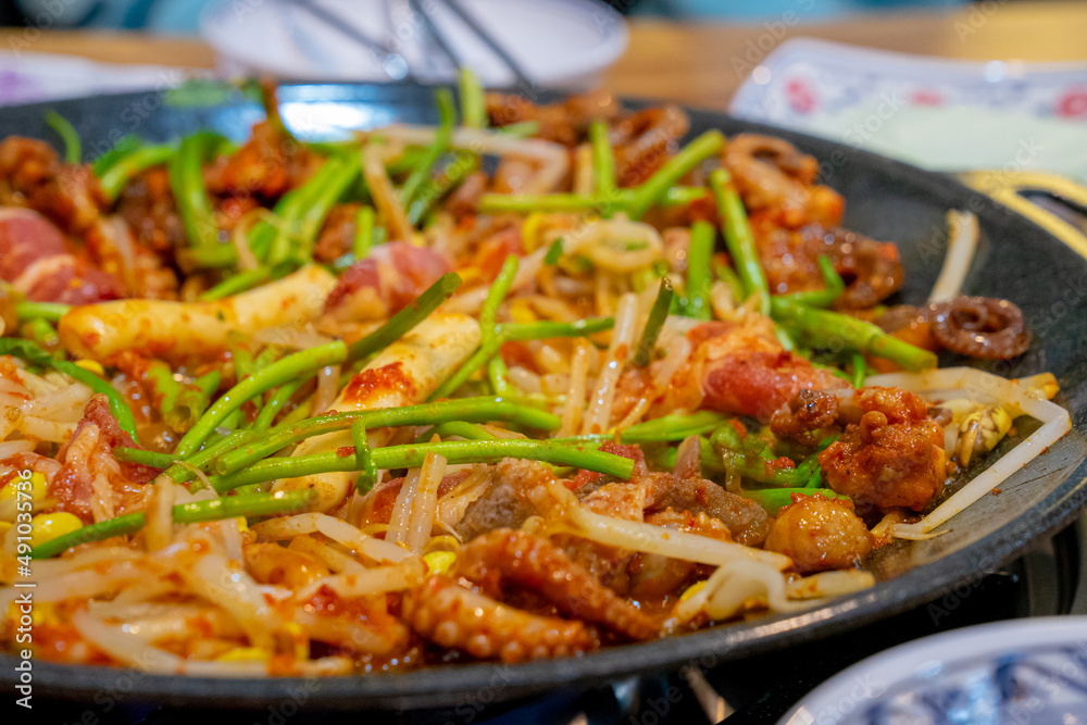 Korean style baby octopus stir fry with beef and bean sprouts Korean style baby octopus stir fry with beef and bean sprouts