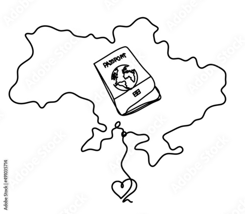 Map of Ukraine with heart as line drawing on white background. Vector