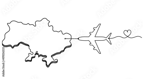 Map of Ukraine with plane as line drawing on white background