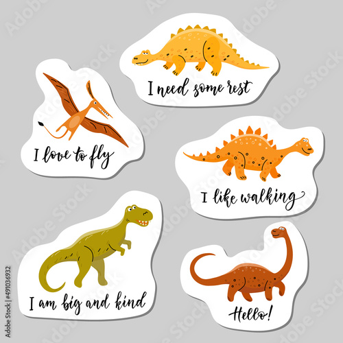 Set of five Dinosaurs cartoon cute characters stickers. Vector color illustration in flat style with lines.