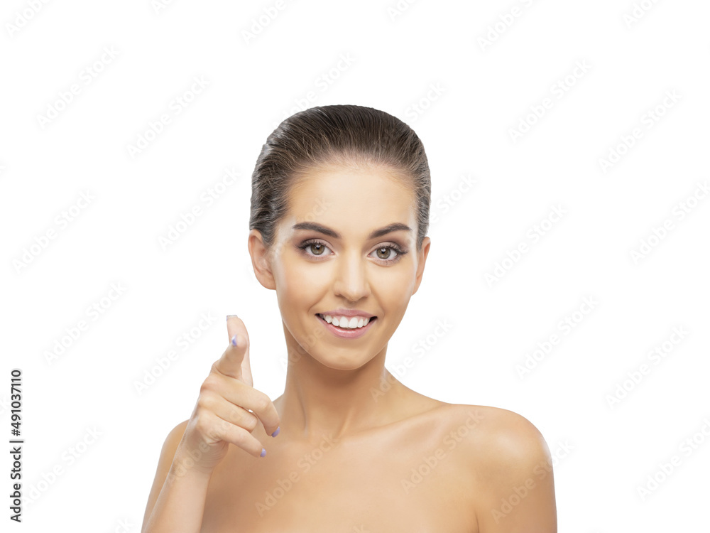 Studio portrait of a young, beautiful and healthy girl. Attractive female face isolated on white background. Studio portrait of a young, beautiful and healthy girl. Attractive female face isolated on white background.