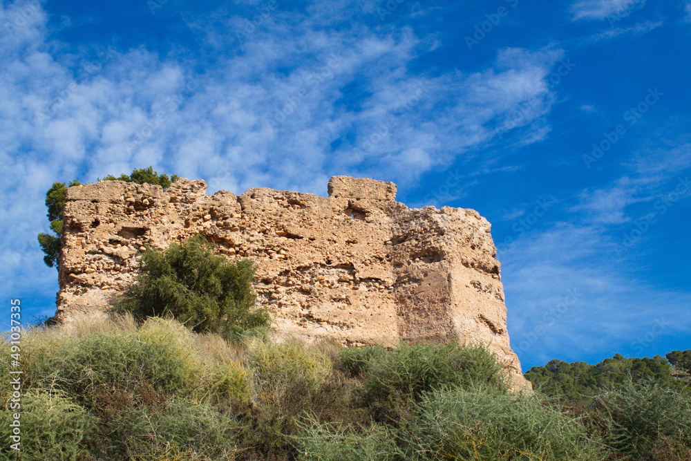 Old and deteriorated Muslim castle of La Luz located on a hill of Monte del Valle in Algezares, Murcia