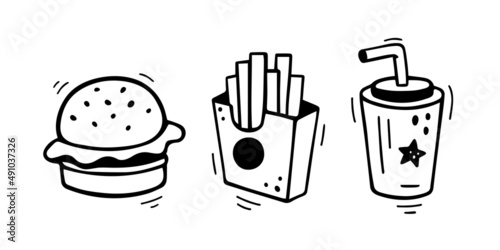Fast food icons set - burger, french fries, paper cup with drink. Hand drawn fast food combo. Comic doodle sketch style. Vector illustration