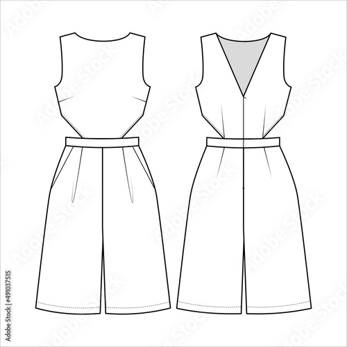 Fashion technical drawing of sleeveless cutout jumpsuit with flared shorts