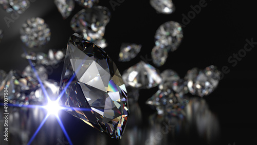 Shiny Diamonds with blue flash light on black surface background. Concept image of luxury living  expensive things and high added value. 3D CG. High resolution.
