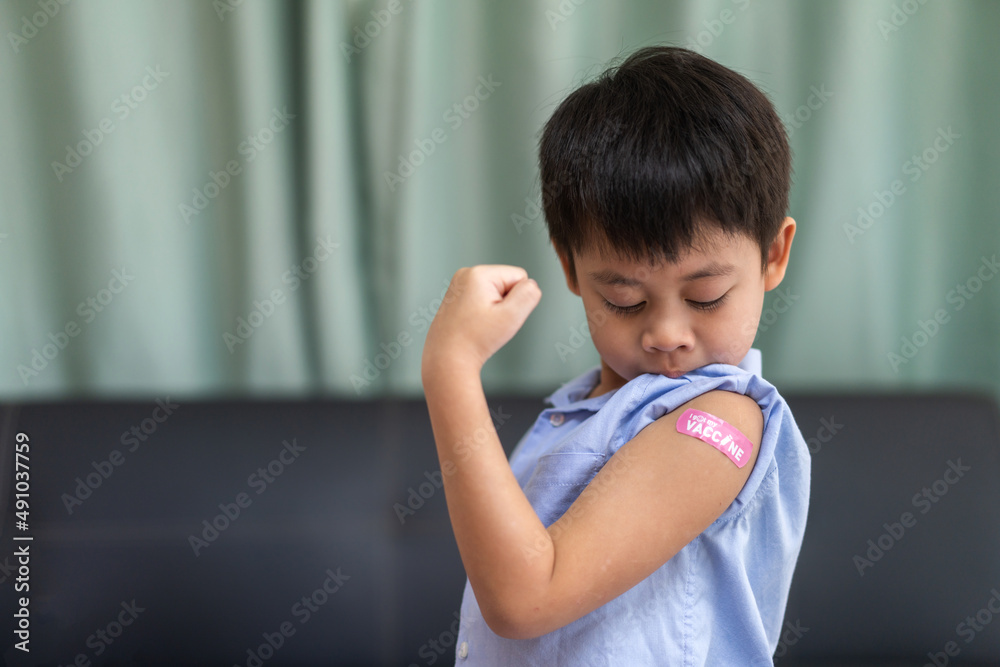 Portrait of happy smile vaccinated little asian kid boy children ages 5 to 11 years old posing show arm with medical plaster after Injection vaccine Covid-19 protection.coronavirus vaccination kid Portrait of happy smile vaccinated little asian kid boy children ages 5 to 11 years old posing show arm with medical plaster after Injection vaccine Covid-19 protection.coronavirus vaccination kid