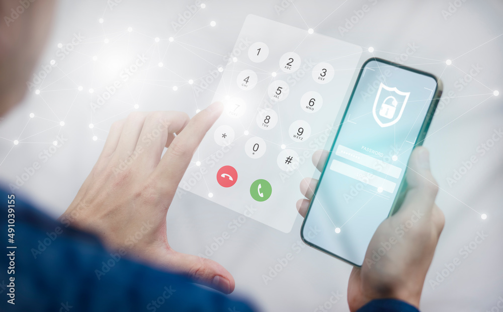 Security system and Dialing on virtual telephone keypad with transparent telephone buttons, businessman touch button of telephone number on screen, Finger touch number on a smartphone to make a call, Security system and Dialing on virtual telephone keypad with transparent telephone buttons, businessman touch button of telephone number on screen, Finger touch number on a smartphone to make a call,