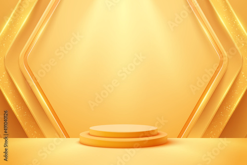Luxury orange podium background with abstract 3d shapes for your product advertisement.