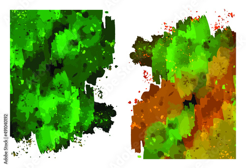 Green, orange yellow watercolor brush strokes and splashes on a white background. Set of watercolor backgrounds. Vector illustration.