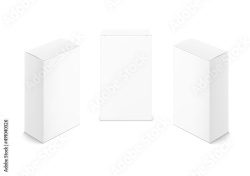 Realistic cardboard boxes mockup set. Front and perspective views. Vector illustration isolated on white background. Can be use for food, medicine, cosmetic and etc. Ready for your design. EPS10.	