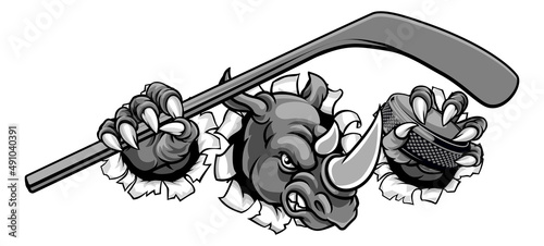 Canvas Print Rhino Ice Hockey Player Animal Sports Mascot