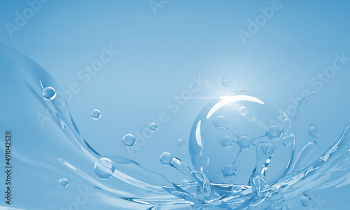 Molecule inside Liquid Bubble on water background. Cosmetic Essence  Cosmetic spa medical skin care  3d illustration.