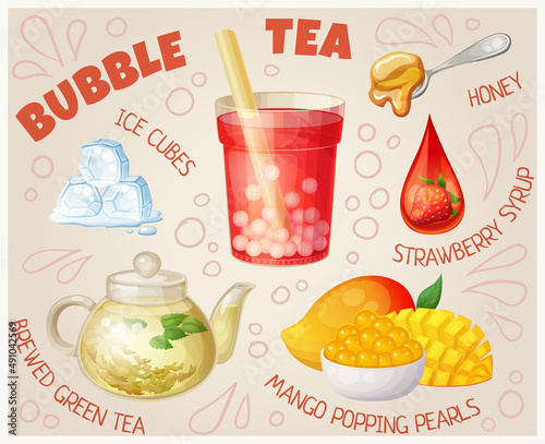 Cartoon illustration with bubble tea ingredients on beige background. Vector icons set of boba tea glass, strawberry syrup drop, melting ice cubes, brewed green tea