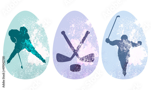 Set of decorated Easter eggs with hockey players, sticks and puck on a white background. Flat vector illustration for holiday celebration.