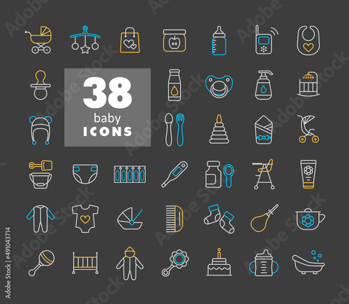 Baby, feeding and care vector icons set