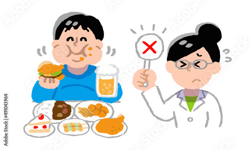 暴飲暴食する男性とドクターストップをかける女医
