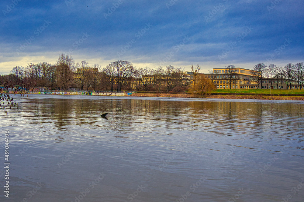Fototapeta premium Blick über das weite Elsterbecken bei bewölktem Himmel mit Spiegelungen auf der Wasseroberfläche, urbane Flusslandschaft und Naherholungsgebiet, Leipzig, Sachsen, Deutschland