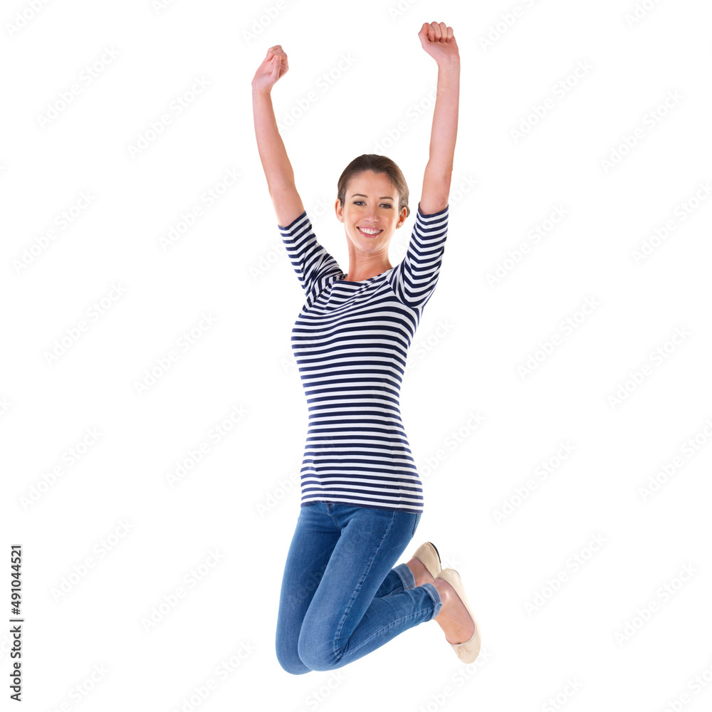 Jumping for joy. Studio shot of an ecstatic young woman jumping in the air isolated on white.
