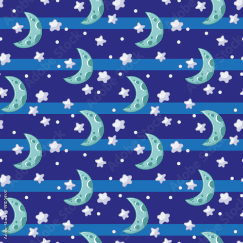 Seamless pattern with cute stars and moon on a blue striped background. Vector fairy tale illustration in a minimalistic flat style, hand drawn. Space Print for kids.