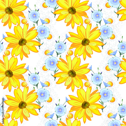 Flowers of sunflower, chamomile, flax, flowers and blossoms linen close up on blue background in a random arrangement square format, floral print for textile,seamless texture, vector.