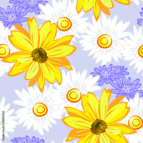 Flower pattern, flowers of sunflower,  chamomile, blue wildflowers on gray background in a random arrangement square format, seamless texture, vector illustration