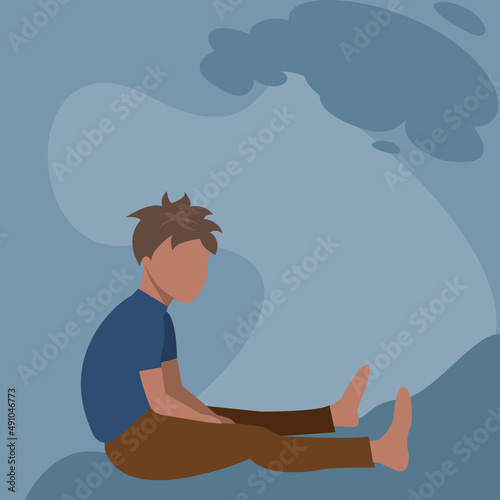 Cartoon young man sitting under dark blue clouds.Cute boy feeling bored on blue background.Vector isolate flat design concept for Psychology, unhappy,depression,bored,sadness, lonely,disappoint.