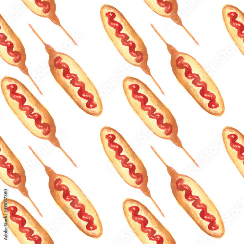 watercolor drawing fried sausage in dough on a white background. Seamless pattern.