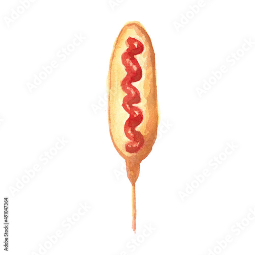 watercolor drawing of fast food. sausage in the dough on a white background. photo