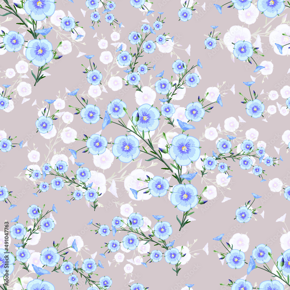 Floral arrangement of flax flowers and buds from the stem and leaves on grey background, floral print for textile, seamless pattern, EPS 10 vector Floral arrangement of flax flowers and buds from the stem and leaves on grey background, floral print for textile, seamless pattern, EPS 10 vector