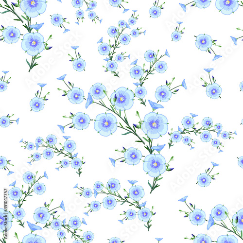 Floral arrangement of flax flowers and buds  from the stem and leaves on a white background in a random arrangement square format, floral print for textile, seamless pattern, EPS 10 vector © Slavenya