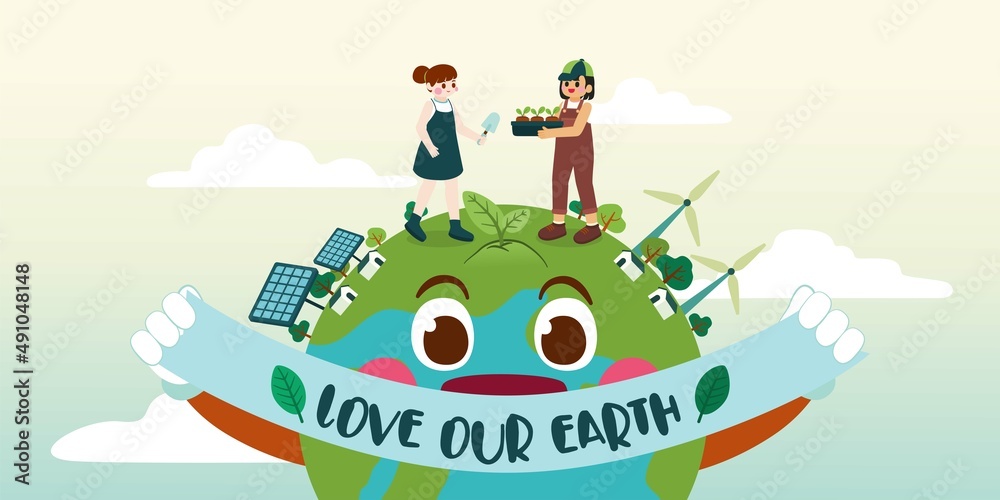 Fototapeta premium Young Woman Planting Tree, Love Our Earth Concept, Clean Energy Town, Vector, Illustration