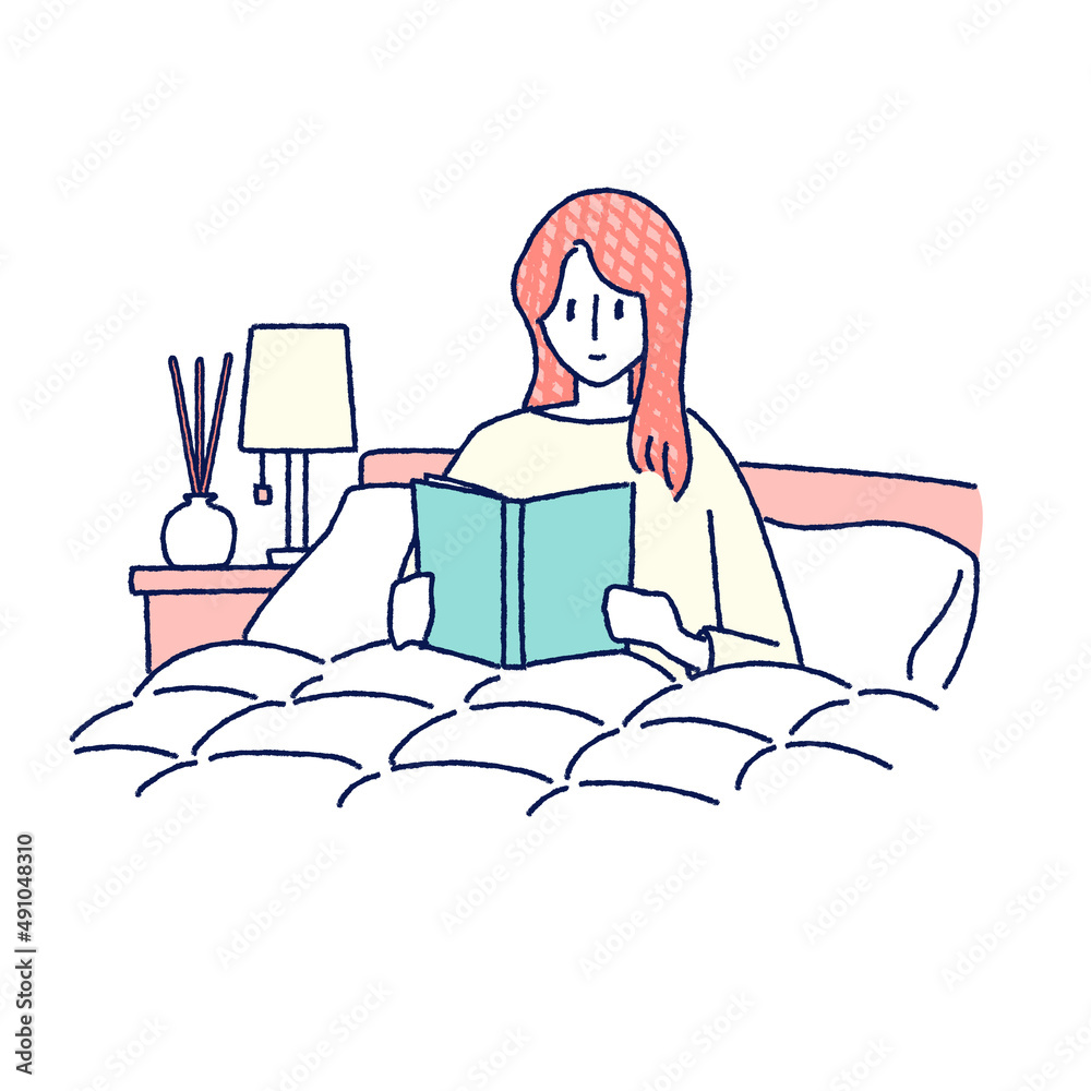 ベッドで本を読む女性 アロマディフューザー イラスト 手描き Stock Vektorgrafik Adobe Stock