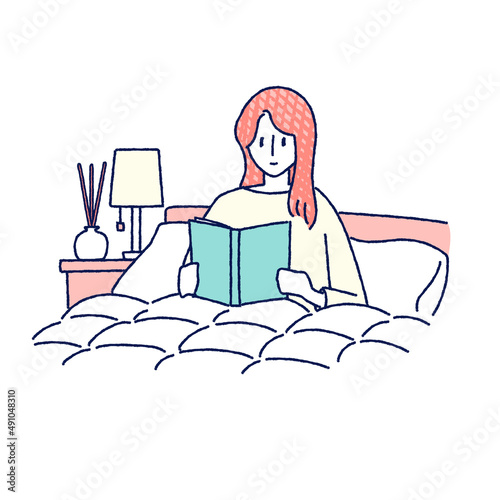 ベッドで本を読む女性　アロマディフューザー　イラスト　手描き	