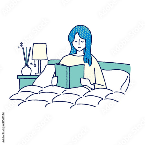 ベッドで本を読む女性　アロマディフューザー　イラスト　手描き	