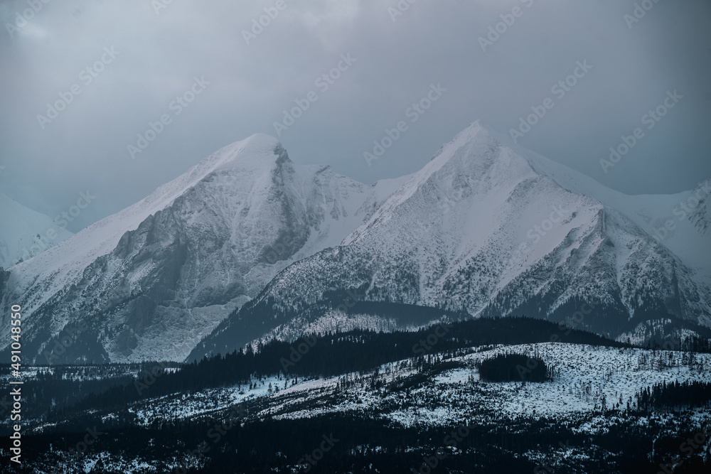 Zimowy widok z przełęczy nad Łapszanką na Tatry  Wysokie i Podhale.  - obrazy, fototapety, plakaty 