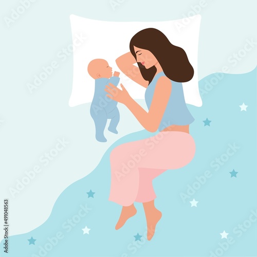 Mother and newborn baby sleeping together,mommy and infant lying in bed.Concept  of breastfeeding, care and relaxation. Mothers day and parenting. Vector illustration
