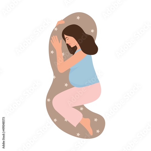 A pregnant woman sleeps on a pillow. Сomfortable sleeping pose, healthy night sleep.Сushion for pregnant woman. Pregnancy. Vector illustration isolated on white background.