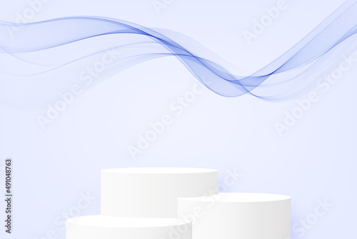 White vector podium on a blue background with a blue transparent abstract wave.Podium, pedestal for product presentation.