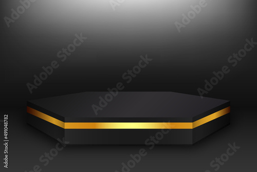 Black hexagonal podium with gold glitter stripe.