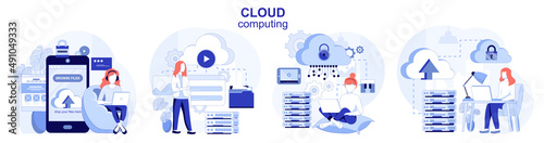 Cloud computing isolated set in flat design. People upload files, storage and processing data collection of scenes. Vector illustration for blogging, website, mobile app, promotional materials.