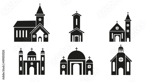 Set of different types of catholic churchs white background. Vector cathedral or monastery in flat style.