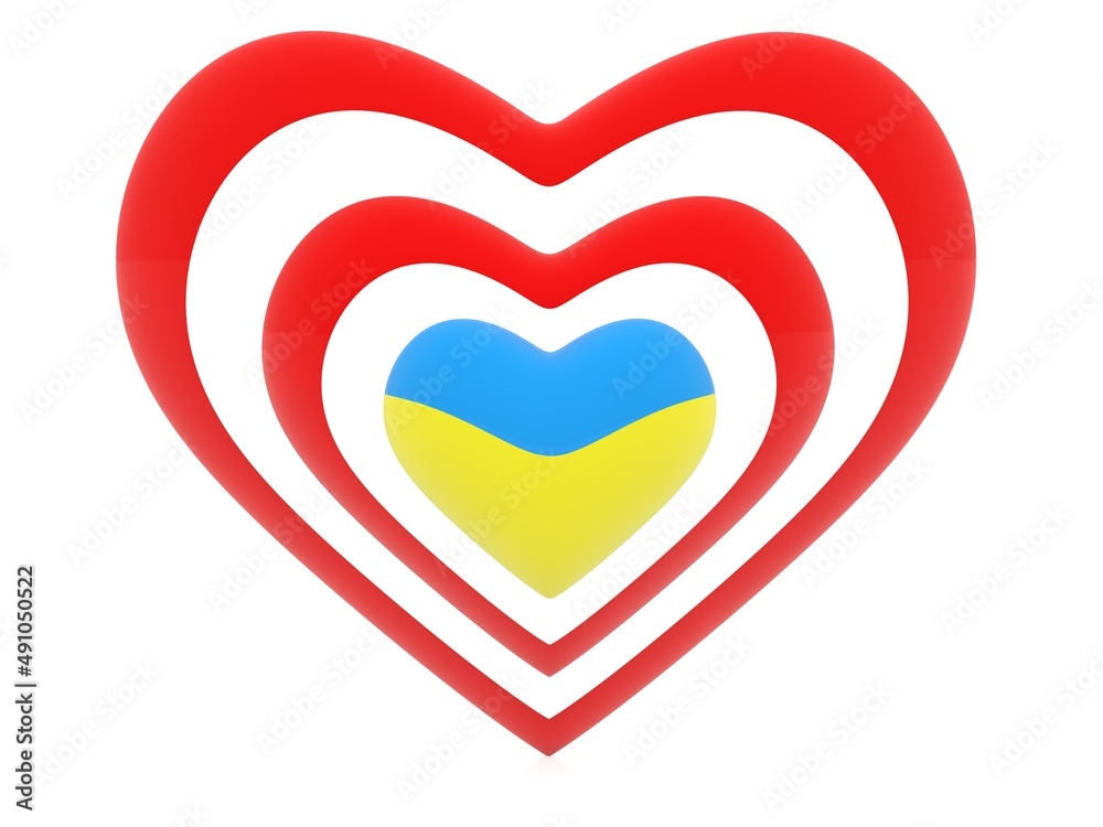 An abstract heart in the national colors of Ukraine surrounded by red hearts