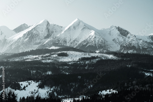 Fototapeta Naklejka Na Ścianę i Meble -  Zimowy widok z przełęczy nad Łapszanką na Tatry  Wysokie i Podhale. 