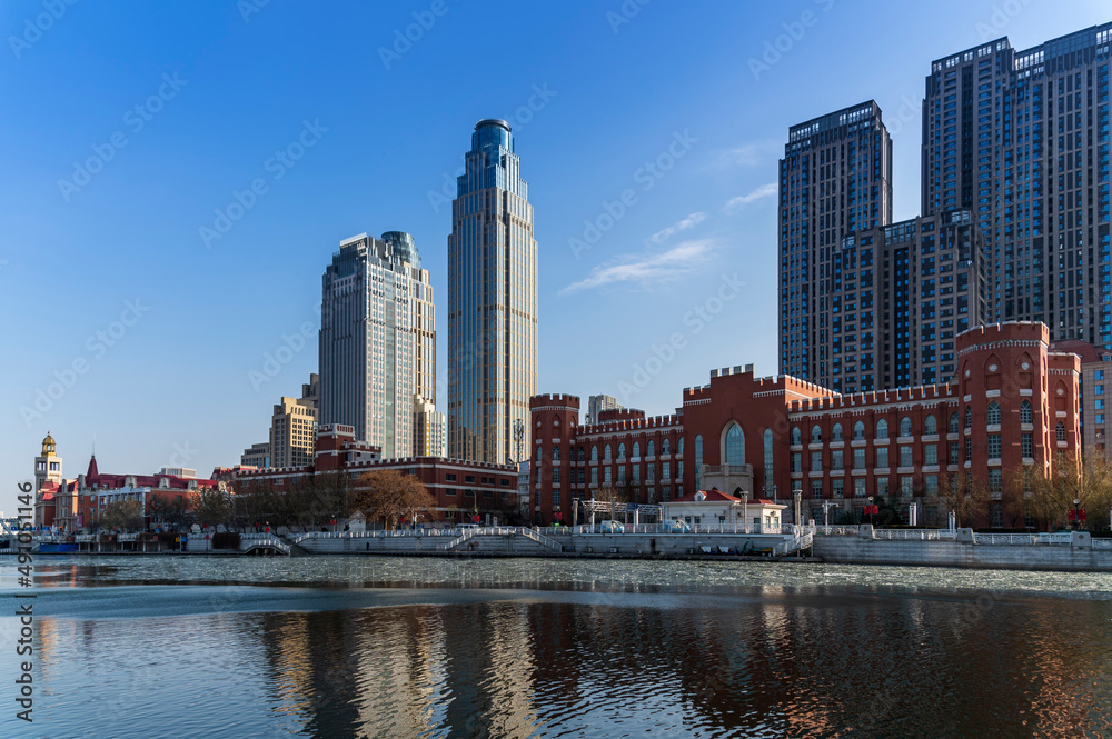 Fototapeta premium waterfront downtown skyline with Tianjin high-rise building cityscape at Haihe riverside, Tianjin city, China